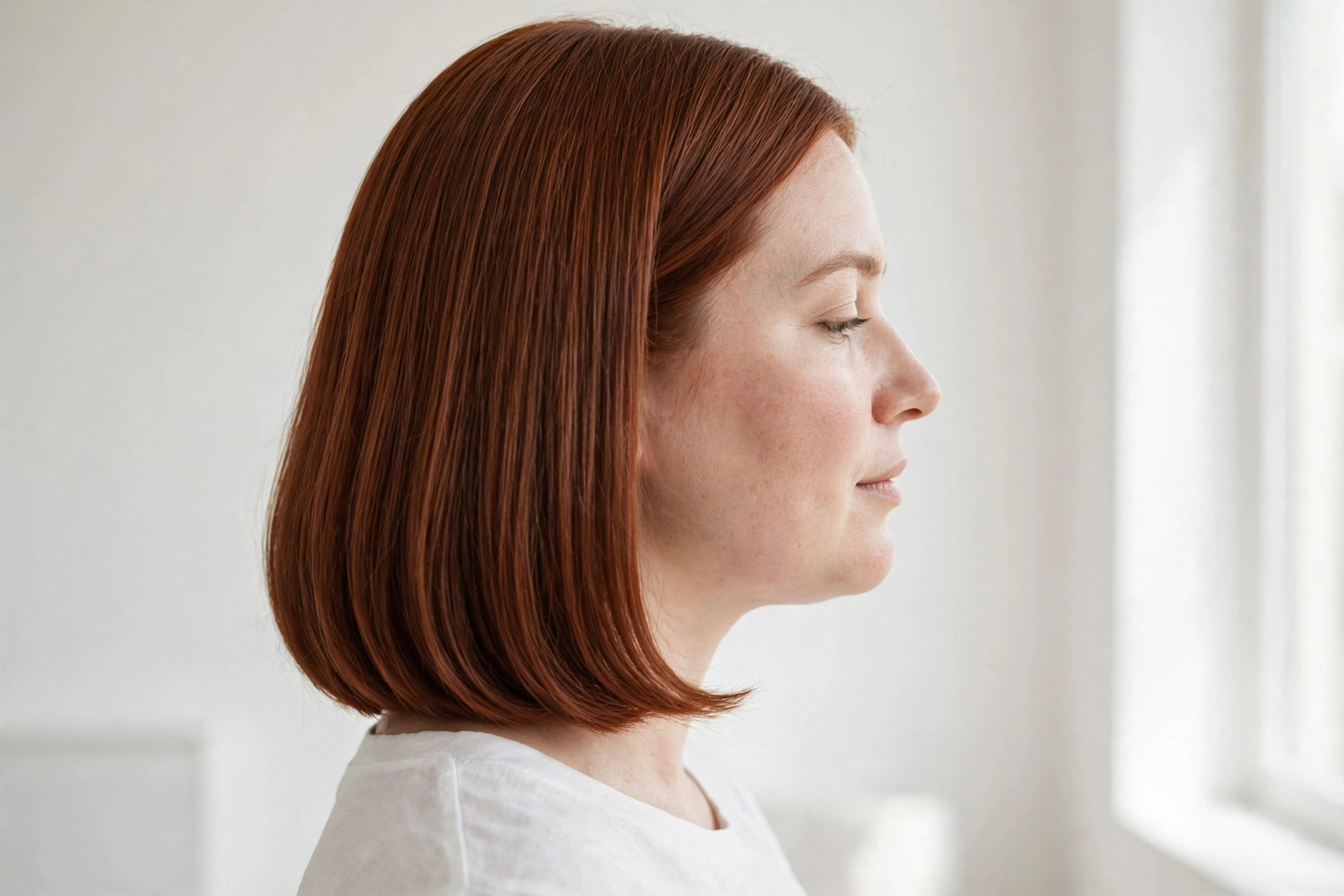 Side profile of a woman with a round face and a smooth cut in auburn hair, photographed in a bright, minimal room, wearing a white top, with a sleek, lengthening silhouette.