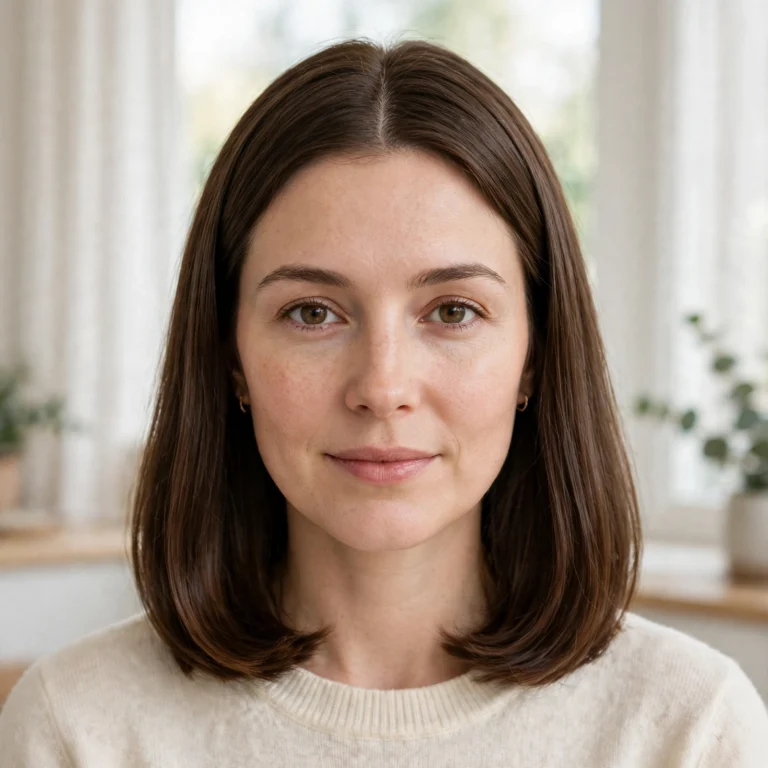 A woman with an oval face and a classic, centre-parted cut in glossy brown hair, standing in a bright room with soft daylight, shown from the shoulders up, wearing a cream sweater and small gold hoop earrings, with a balanced, symmetrical shape clearly visible.