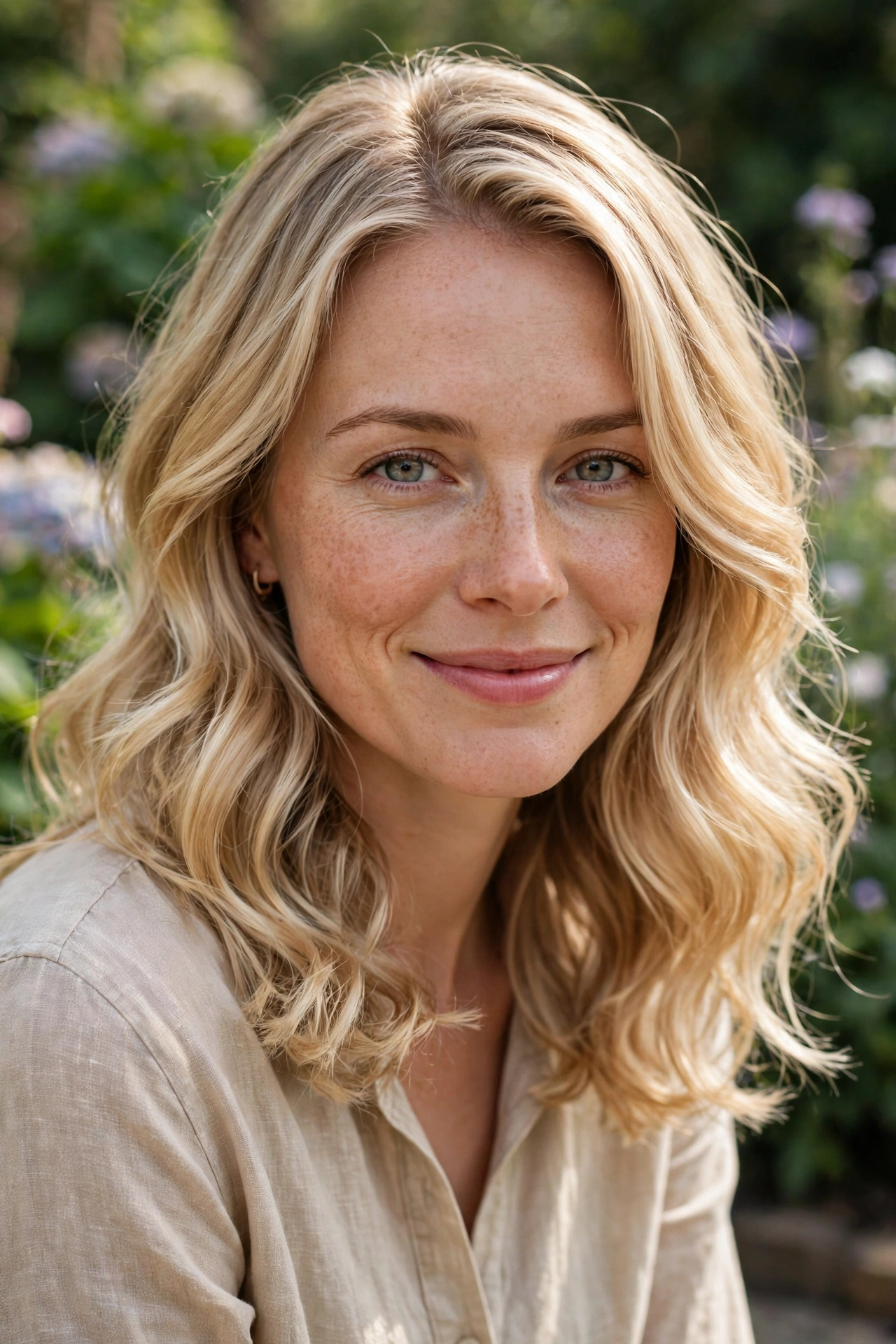 A woman with an oval face and a softly waved lob in blonde hair, smiling gently outdoors in natural daylight with a blurred garden background, the soft waves at the ends the focus.