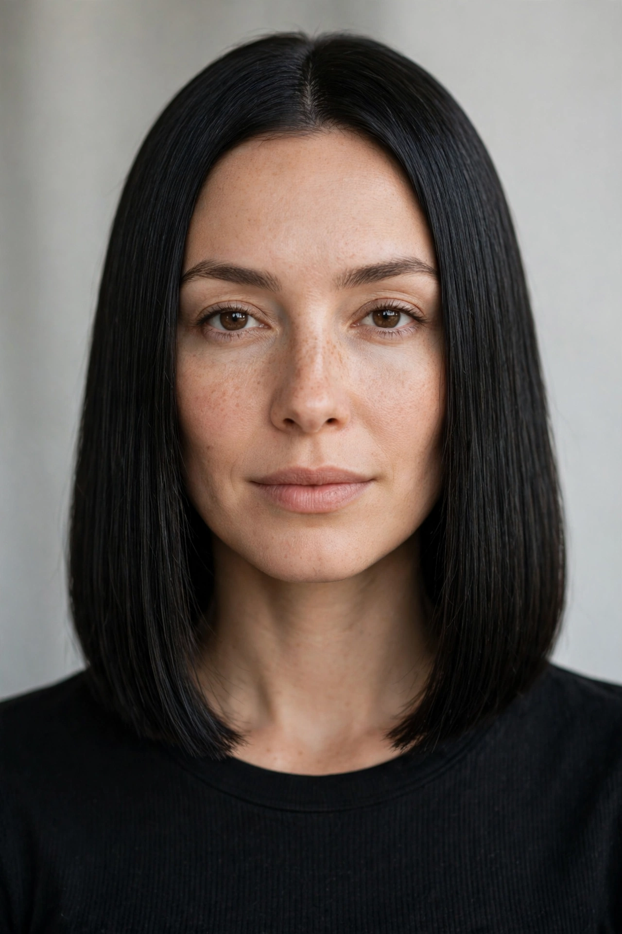 A woman with an oval face and a blunt cut in black hair, photographed in soft studio light, wearing a black top, the clean hemline and sleek lengths framing her balanced face clearly visible.