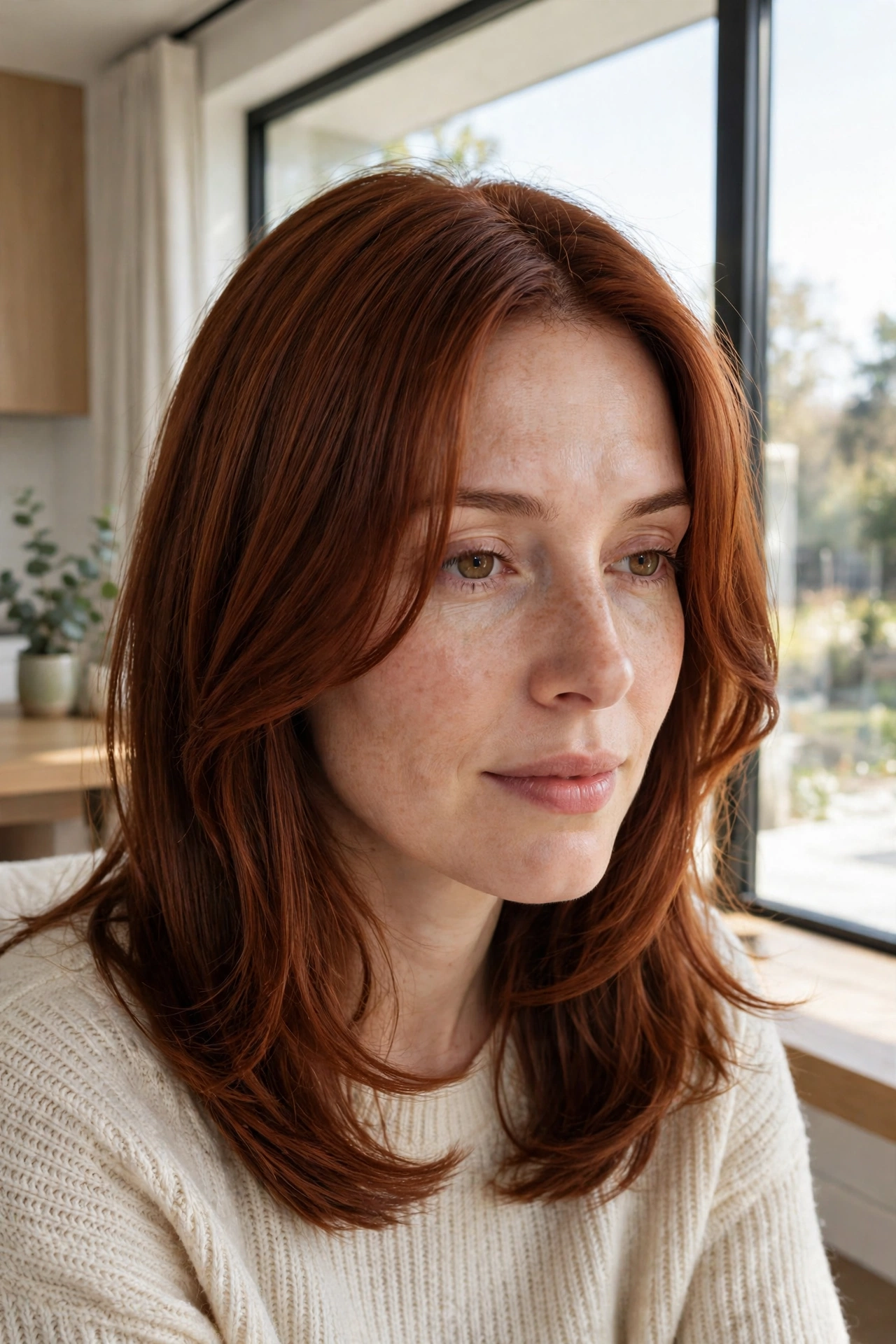 A woman with an oval face and curtain pieces in auburn hair, sitting by a bright window in a modern home, the softly parted front pieces framing her cheekbones.