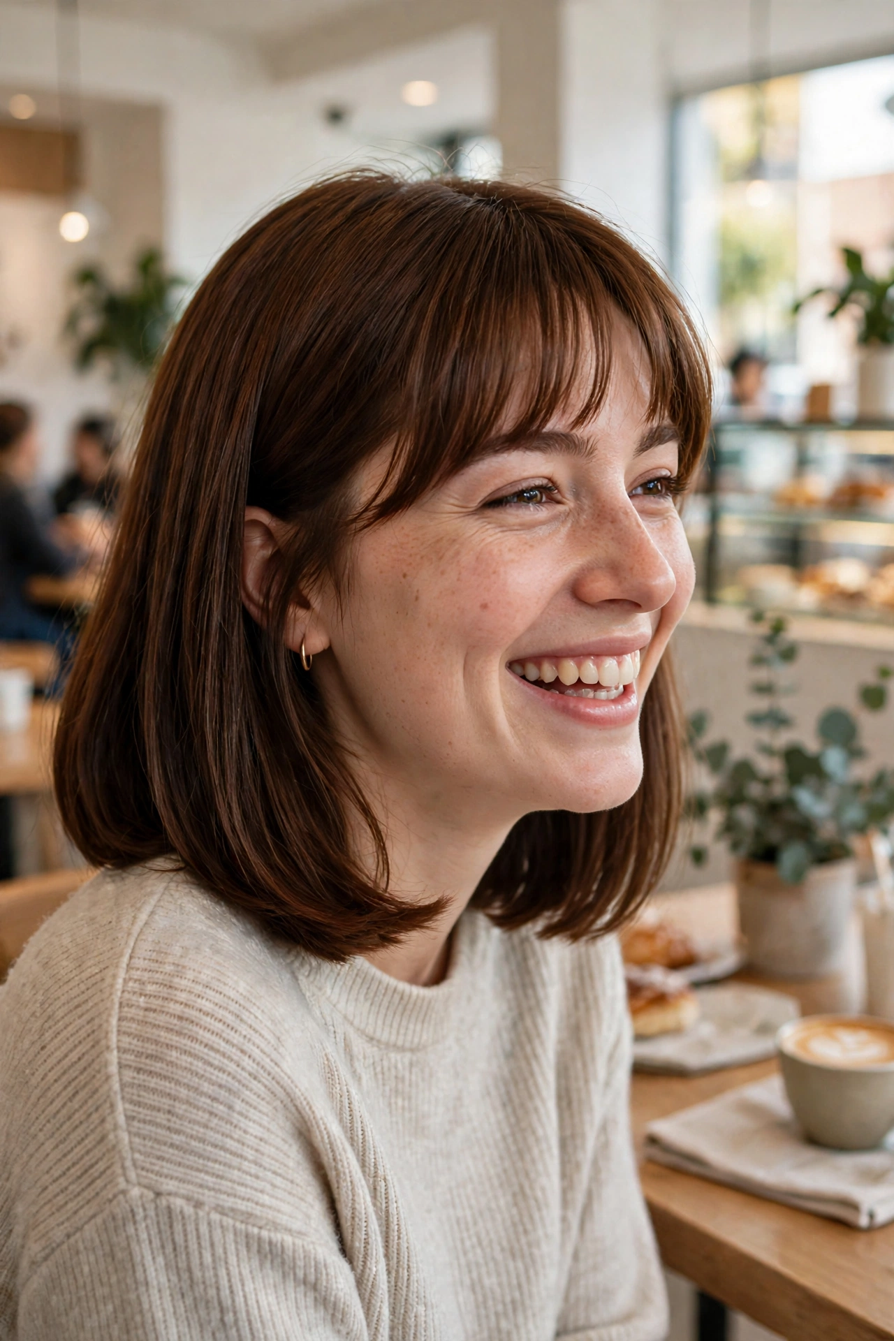 A woman with an oval face and a fringe paired with a shoulder cut in chestnut hair, laughing softly in a bright café, the fringe framing her eyes and the neat shoulder length clearly visible, wearing gold hoop earrings.