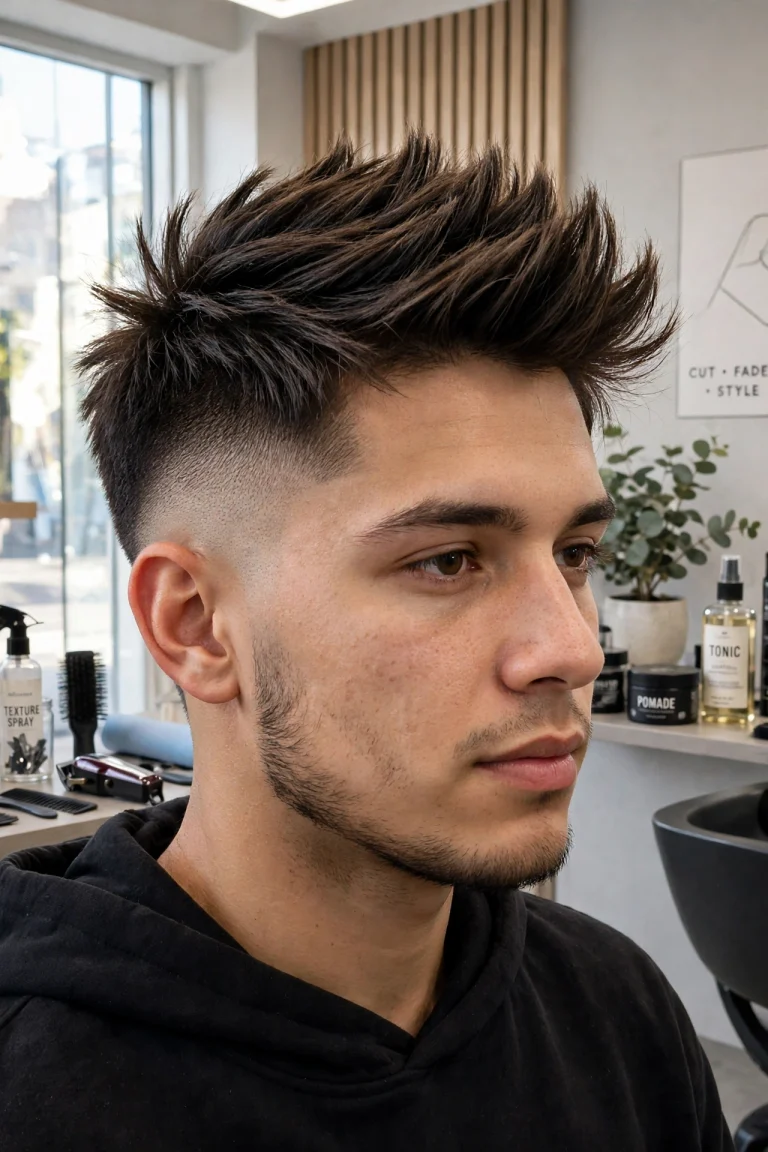 A young adult man with a burst fade and layered mohawk crown, standing in a bright modern barbershop, front three-quarter view, natural daylight, clean bright style, sharp focus on the curved fade.