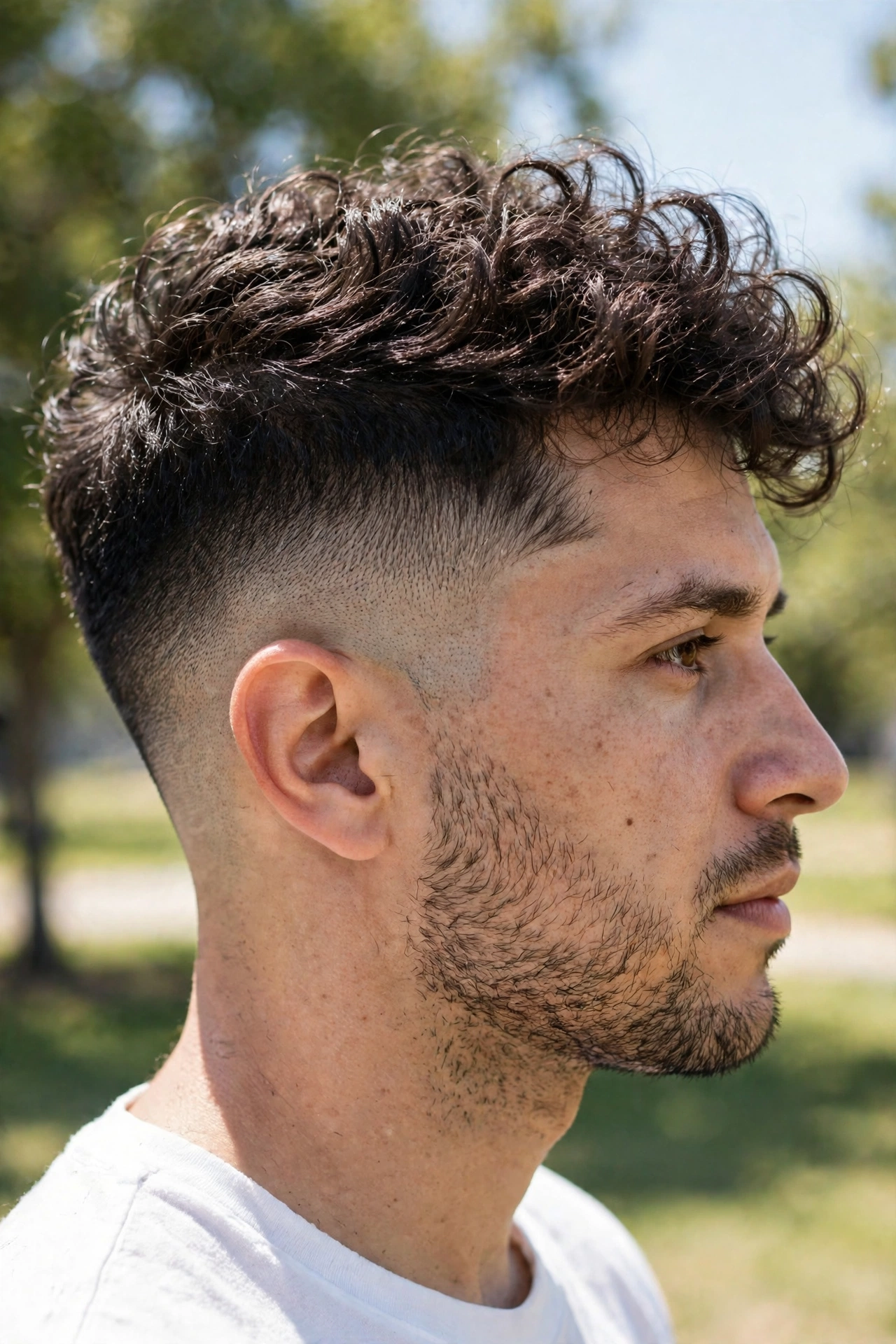 A man with a burst fade and curly crown volume, photographed outdoors in bright daylight, side view showing the rounded fade around the ear, clean bright style.