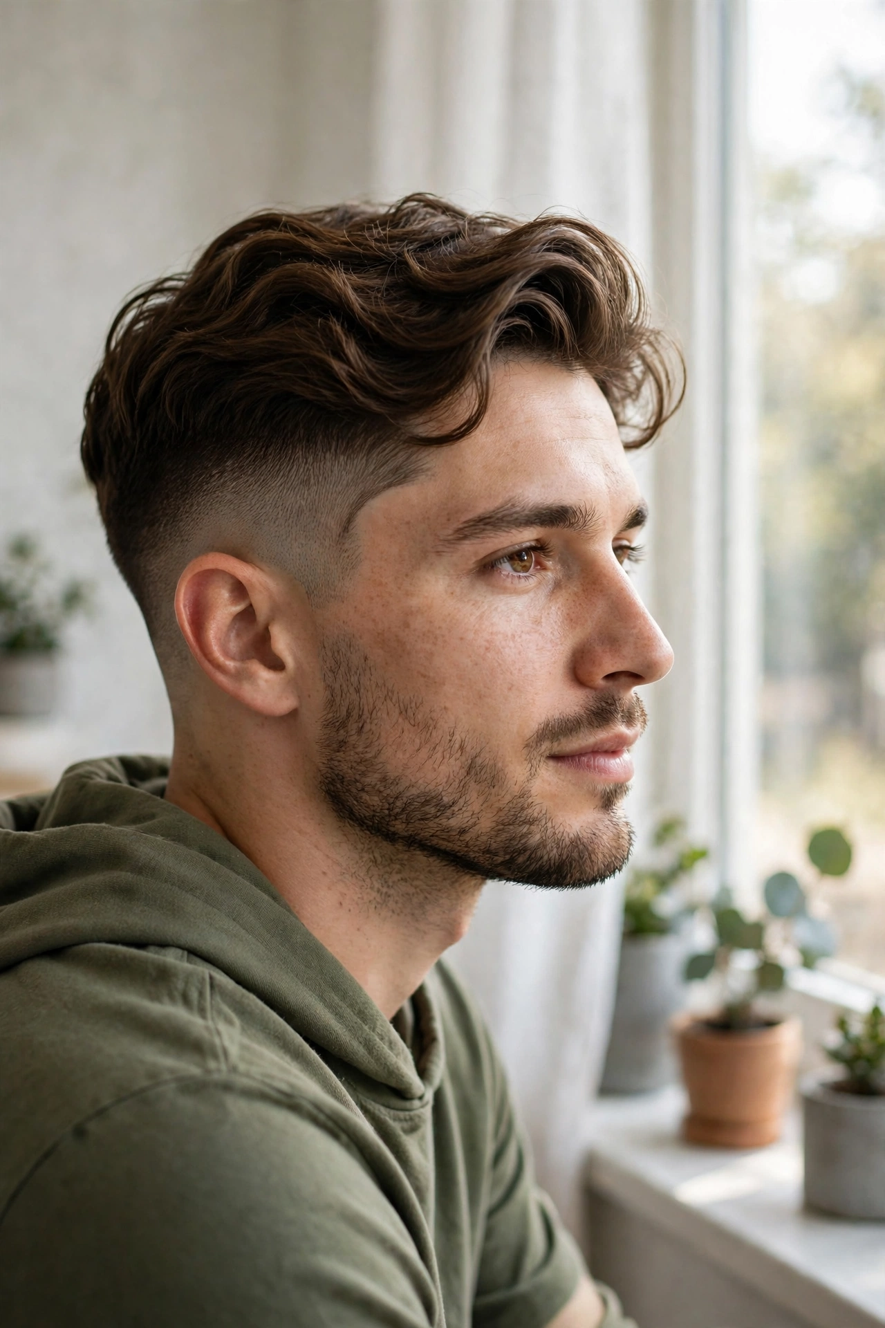 A man with a burst fade and wavy crown flow, sitting indoors by a bright window, three-quarter view, soft natural light, clean bright style.