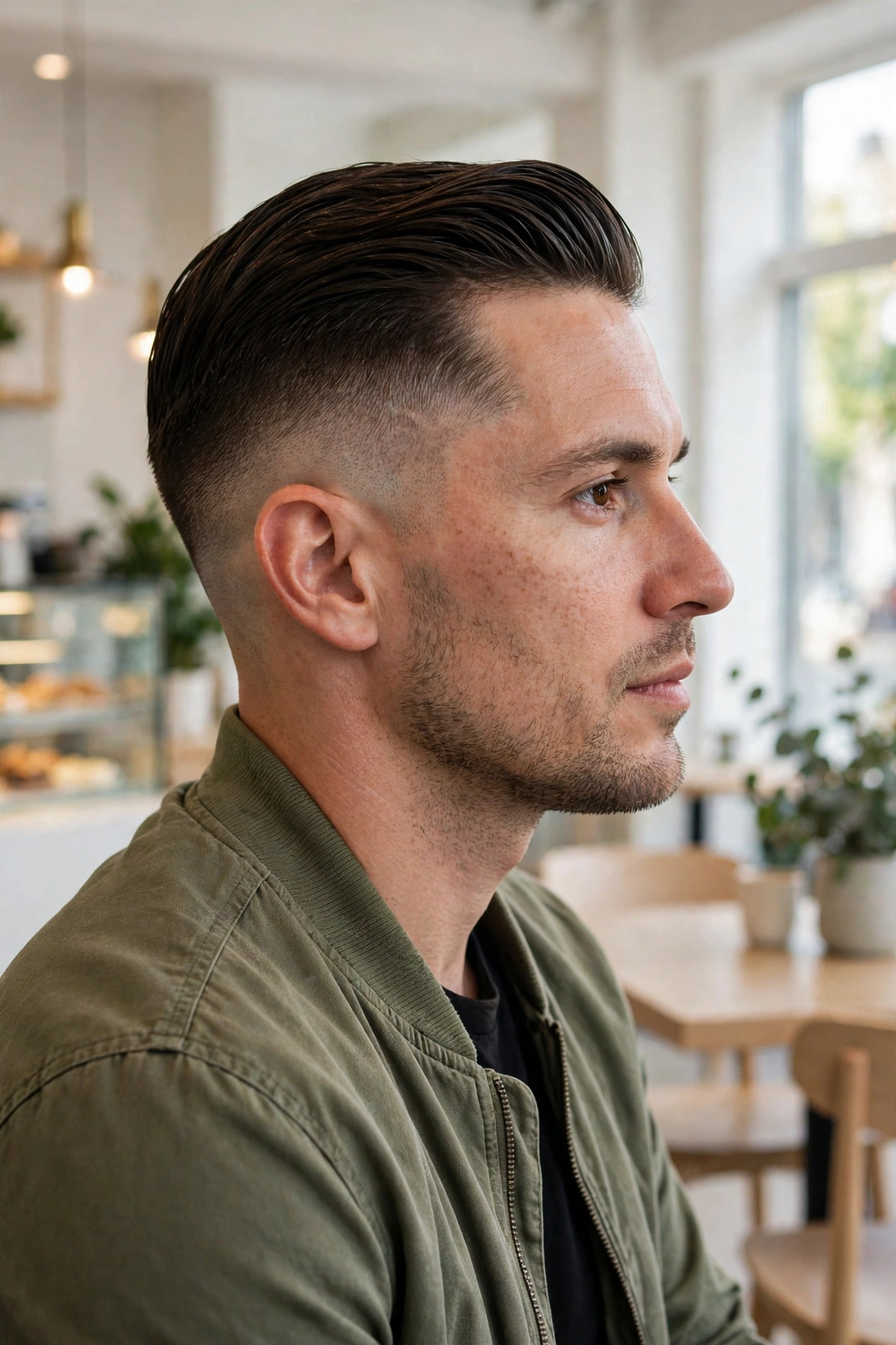 A man with a burst fade and slicked-back crown, wearing a casual jacket in a bright cafe, side view, clean bright style.