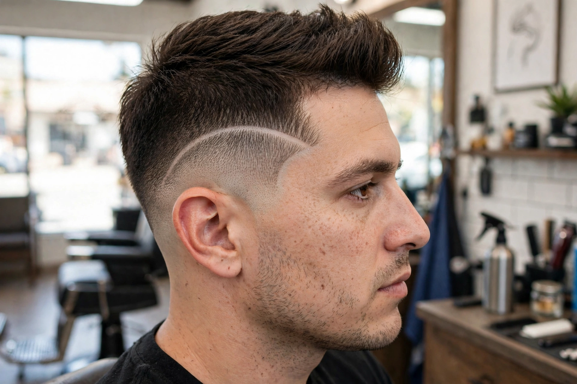 A close-up side view of a man with a burst fade and temple curve detailing, in a bright barbershop, daylight, showing the semicircular curve, clean bright style.