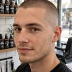 A young adult man with an even all-over buzz cut, standing in a bright modern barbershop, front three-quarter view, natural daylight, clean bright style, sharp focus on the short even length.