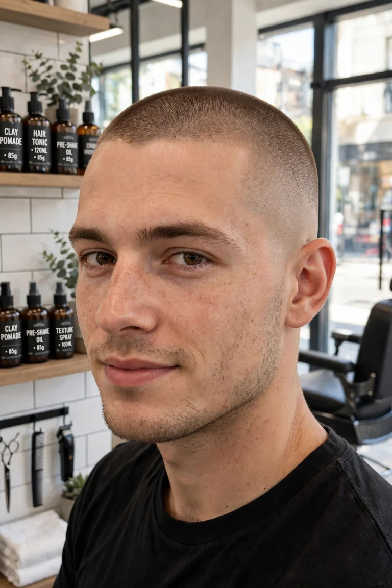 A young adult man with an even all-over buzz cut, standing in a bright modern barbershop, front three-quarter view, natural daylight, clean bright style, sharp focus on the short even length.