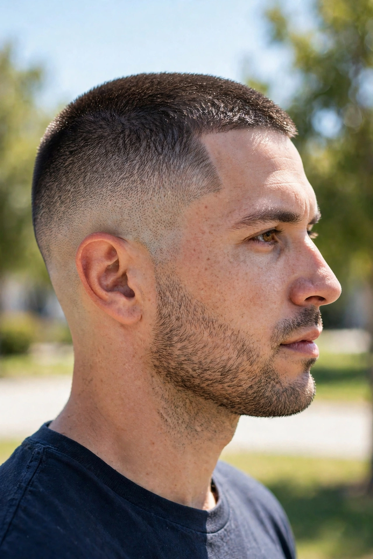 A man with a buzz cut and faded side blend, photographed outdoors in bright daylight, side view showing the blend, clean bright style.