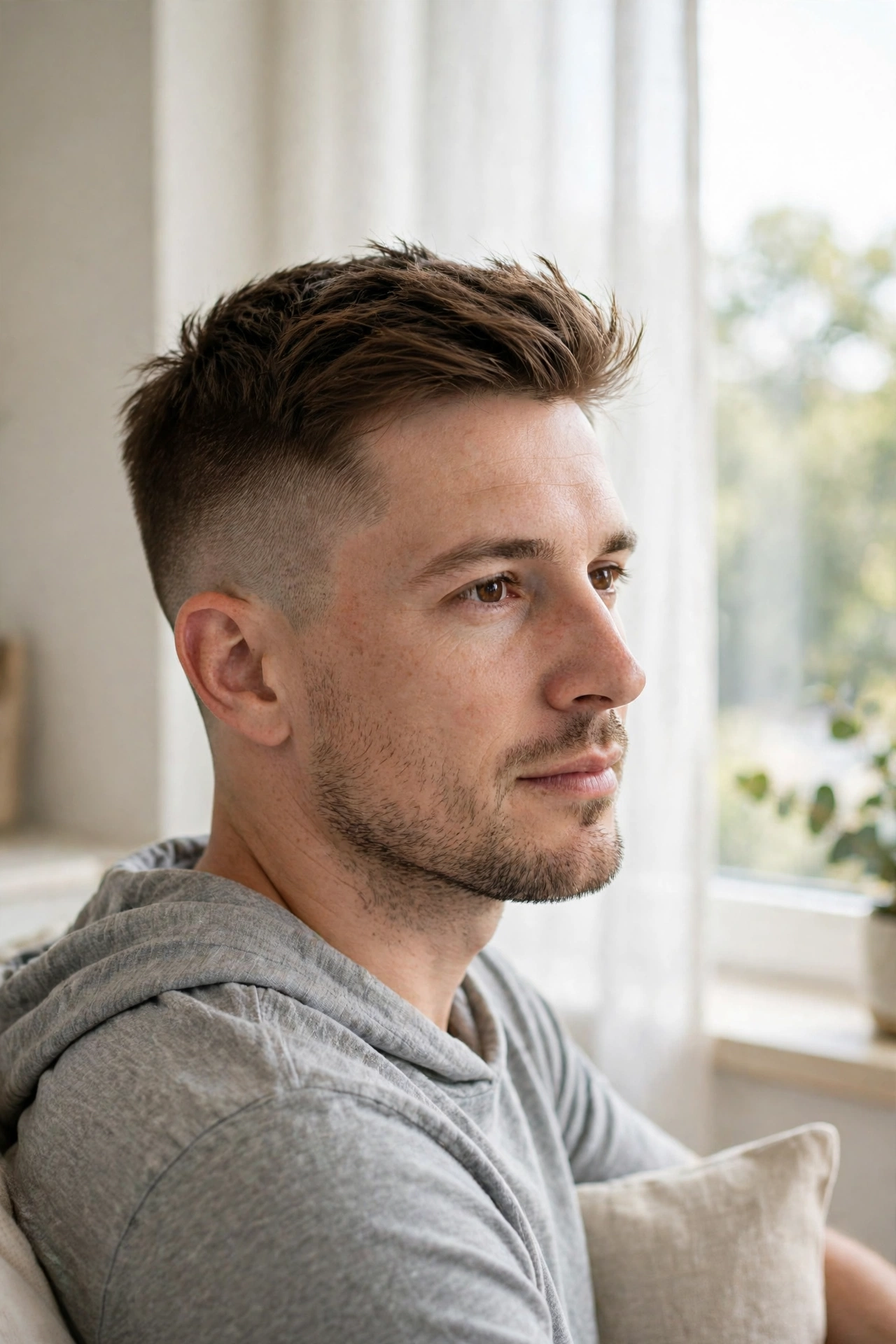 A man with a buzz cut and longer crown length, sitting indoors by a bright window, three-quarter view, soft natural light, clean bright style.