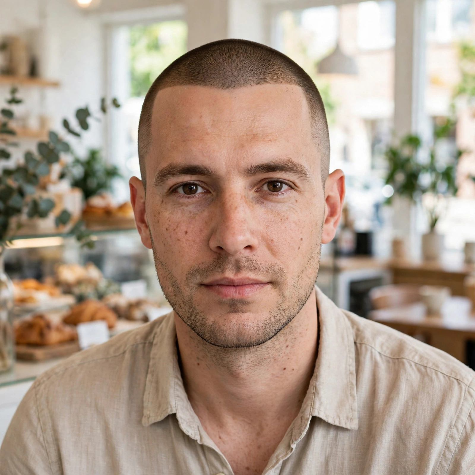 A man with a buzz cut and crisp hairline outline, wearing a casual shirt in a bright cafe, front view, clean bright style.
