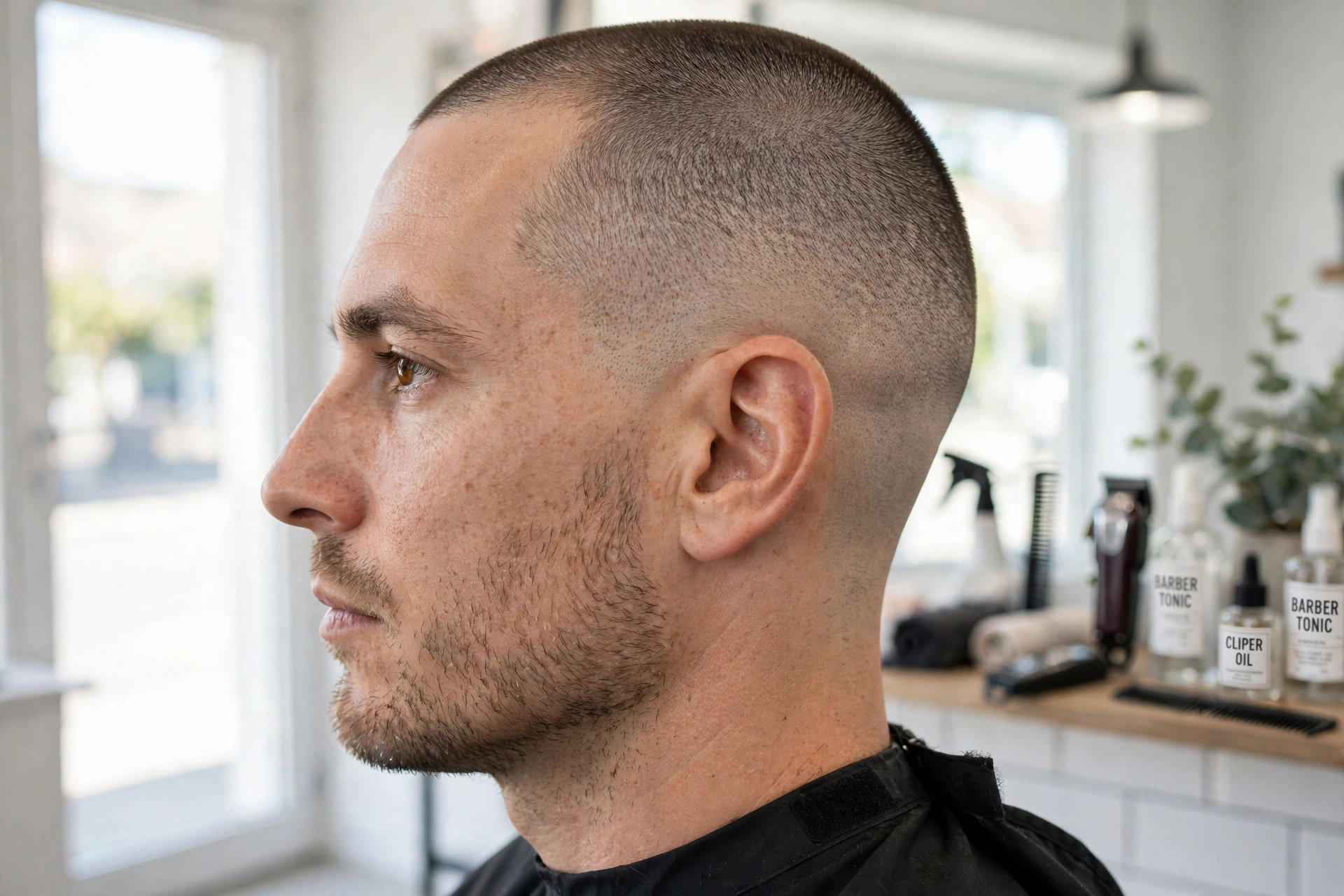 A close-up side view of a man with a buzz cut and tapered neckline blend, in a bright barbershop, daylight, showing the neat nape, clean bright style.