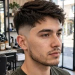 A young adult man with a drop fade and layered crown cut, standing in a bright modern barbershop, front three-quarter view, natural daylight, clean bright style, sharp focus on the fade.