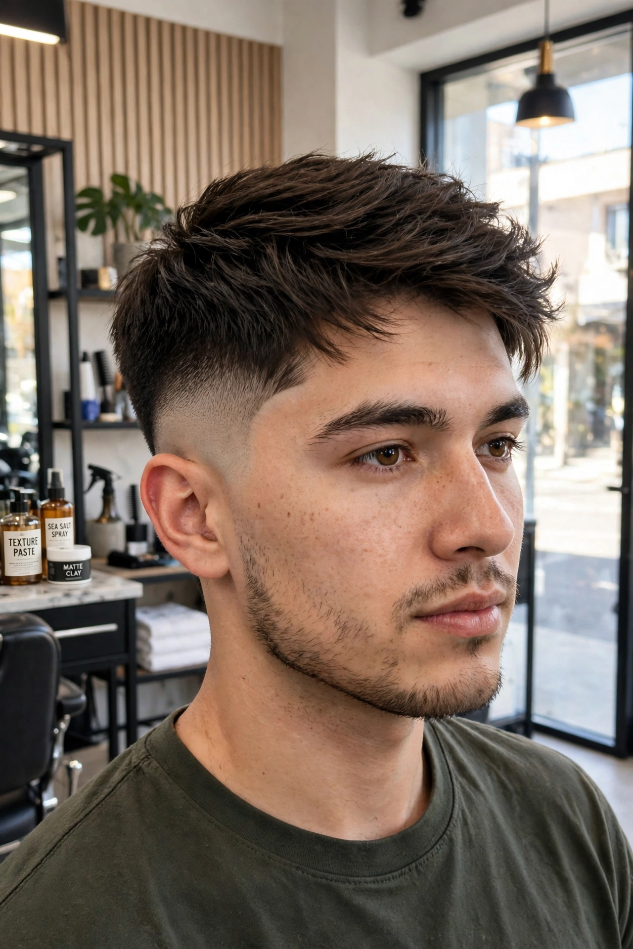 A young adult man with a drop fade and layered crown cut, standing in a bright modern barbershop, front three-quarter view, natural daylight, clean bright style, sharp focus on the fade.