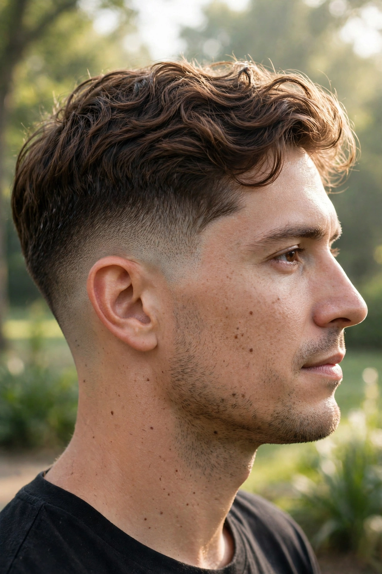 A man with a drop fade and wavy crown texture, photographed outdoors in soft morning light, side profile showing the curved drop line behind the ear, clean bright style.