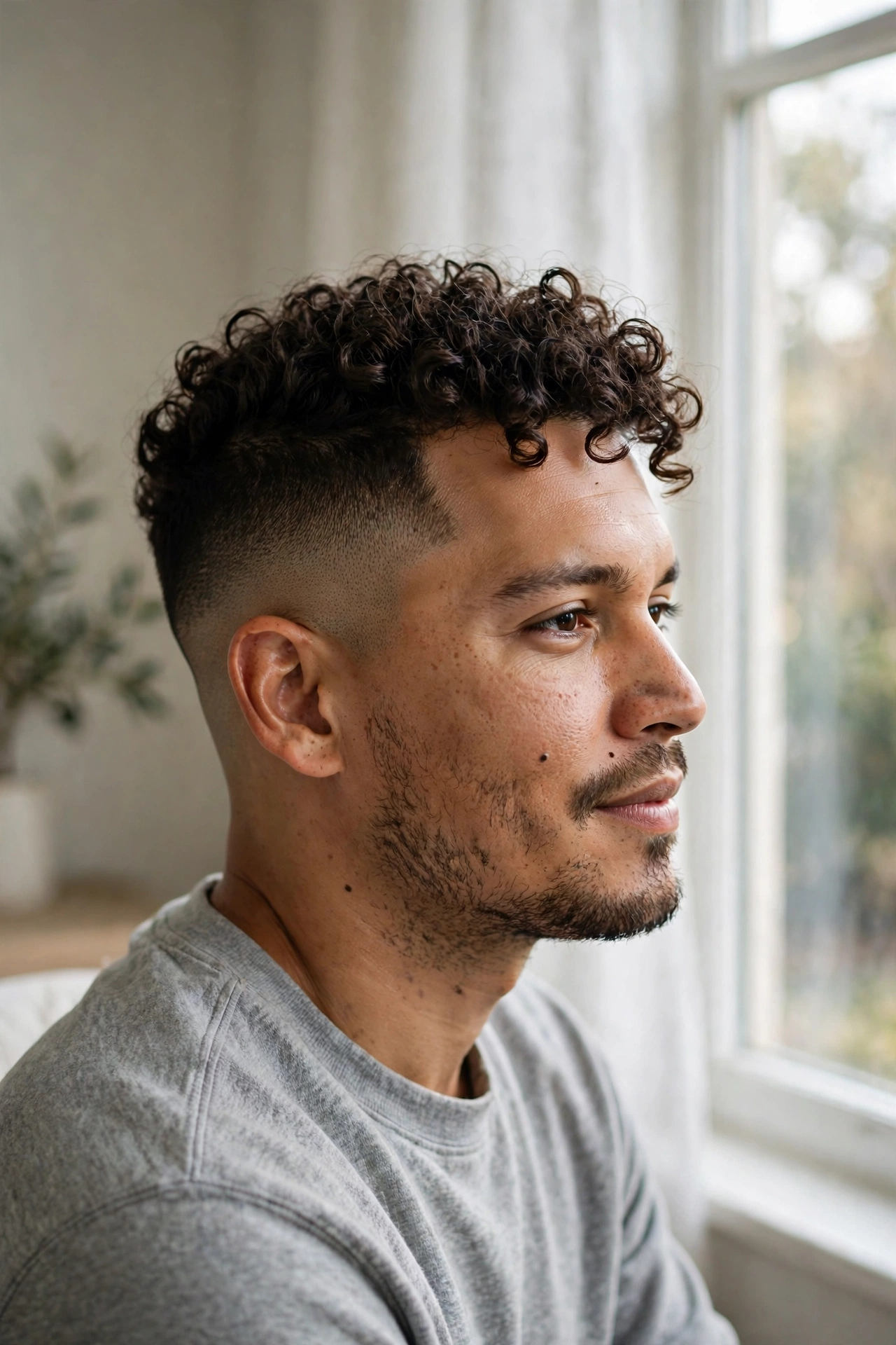 A man with a drop fade and curl-defined crown, sitting indoors by a bright window, three-quarter view, soft natural light, clean bright style.