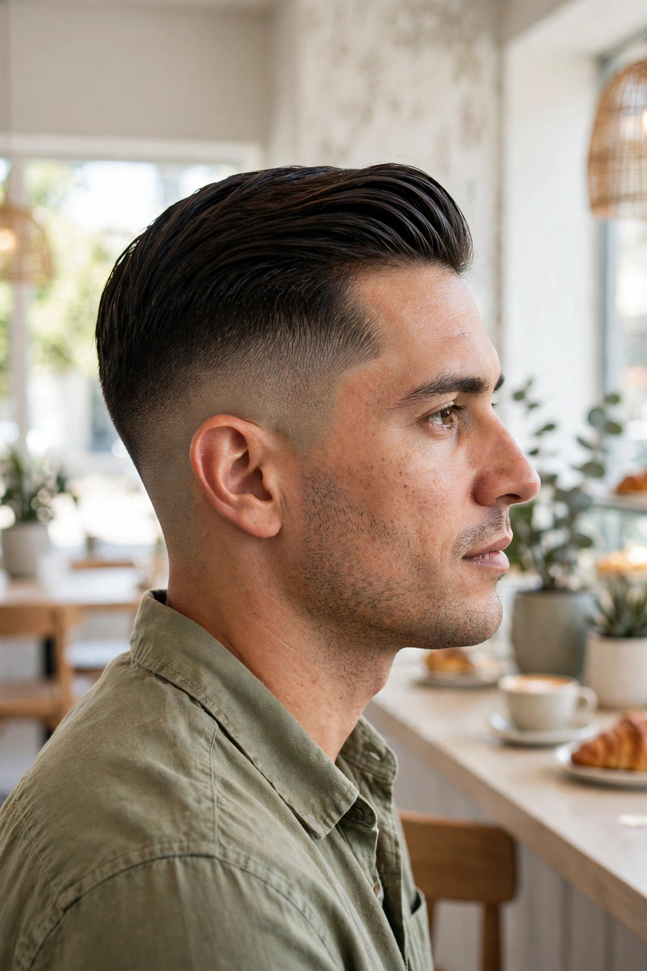 A man with a drop fade and sleek swept-back top, wearing a casual shirt in a bright cafe, side view, clean bright style.