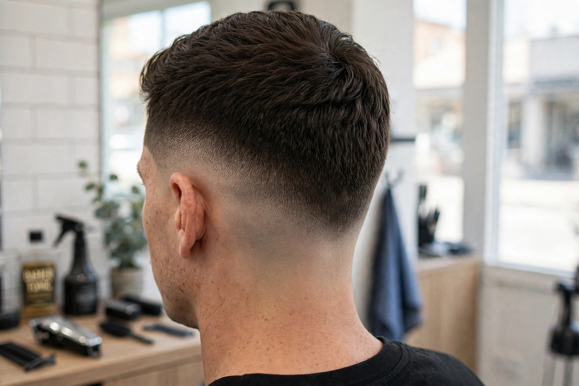 A close-up back view of a man with a drop fade and clean curved nape, in a bright barbershop, daylight, showing the dropping fade line, clean bright style.