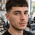 A young adult man with a French crop and short straight fringe, standing in a bright modern barbershop, front three-quarter view, natural daylight, clean bright style, sharp focus on the forward fringe.