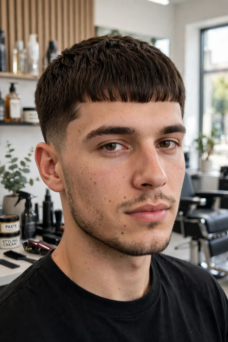 A young adult man with a French crop and short straight fringe, standing in a bright modern barbershop, front three-quarter view, natural daylight, clean bright style, sharp focus on the forward fringe.