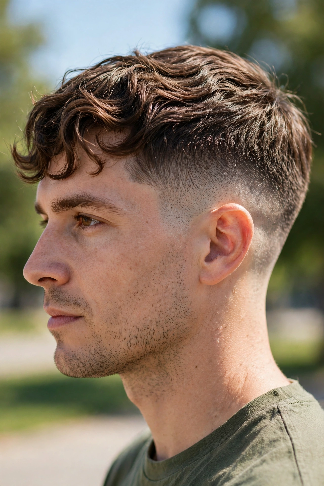 A man with a French crop and wavy forward top, photographed outdoors in bright daylight, side view showing the fringe and faded sides, clean bright style.