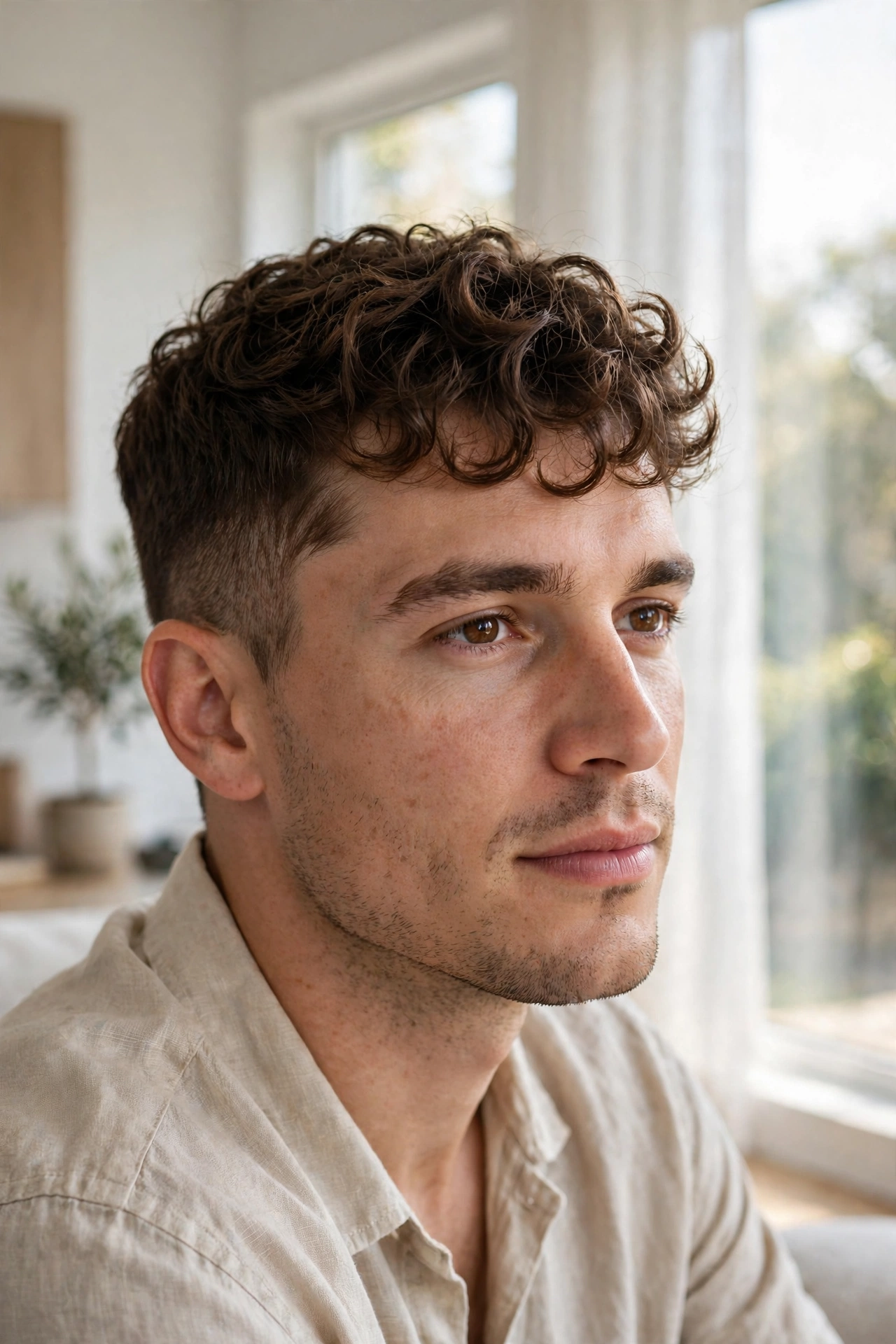 A man with a French crop and curly forward fringe, sitting indoors by a bright window, three-quarter view, soft natural light, clean bright style.