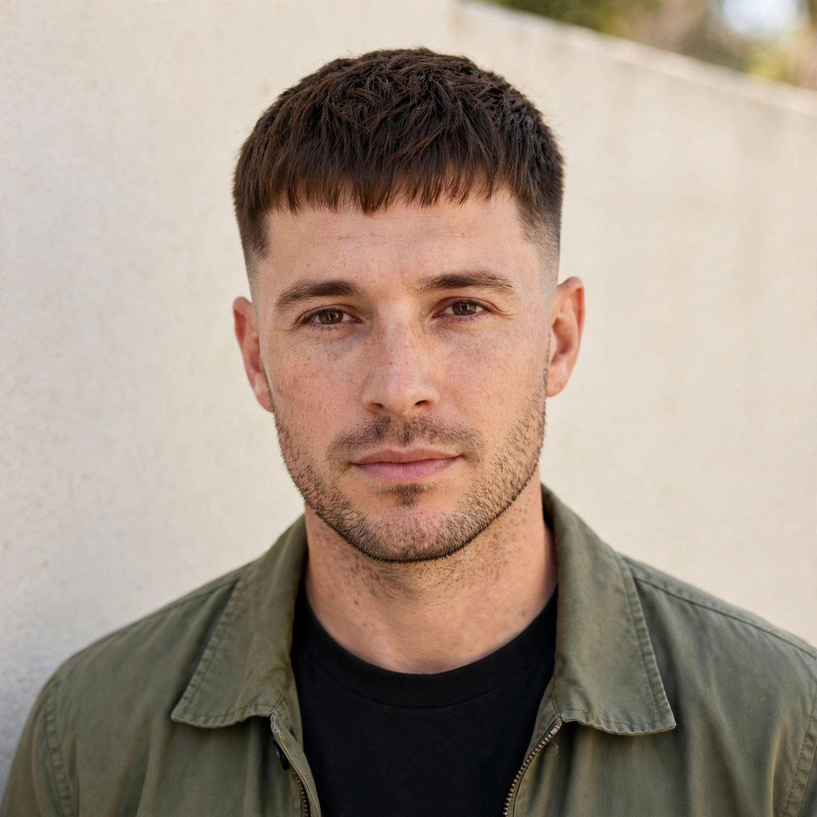 A man with a French crop and tapered sides, wearing a casual jacket outdoors against a light-coloured wall, front view, bright even lighting, clean bright style.
