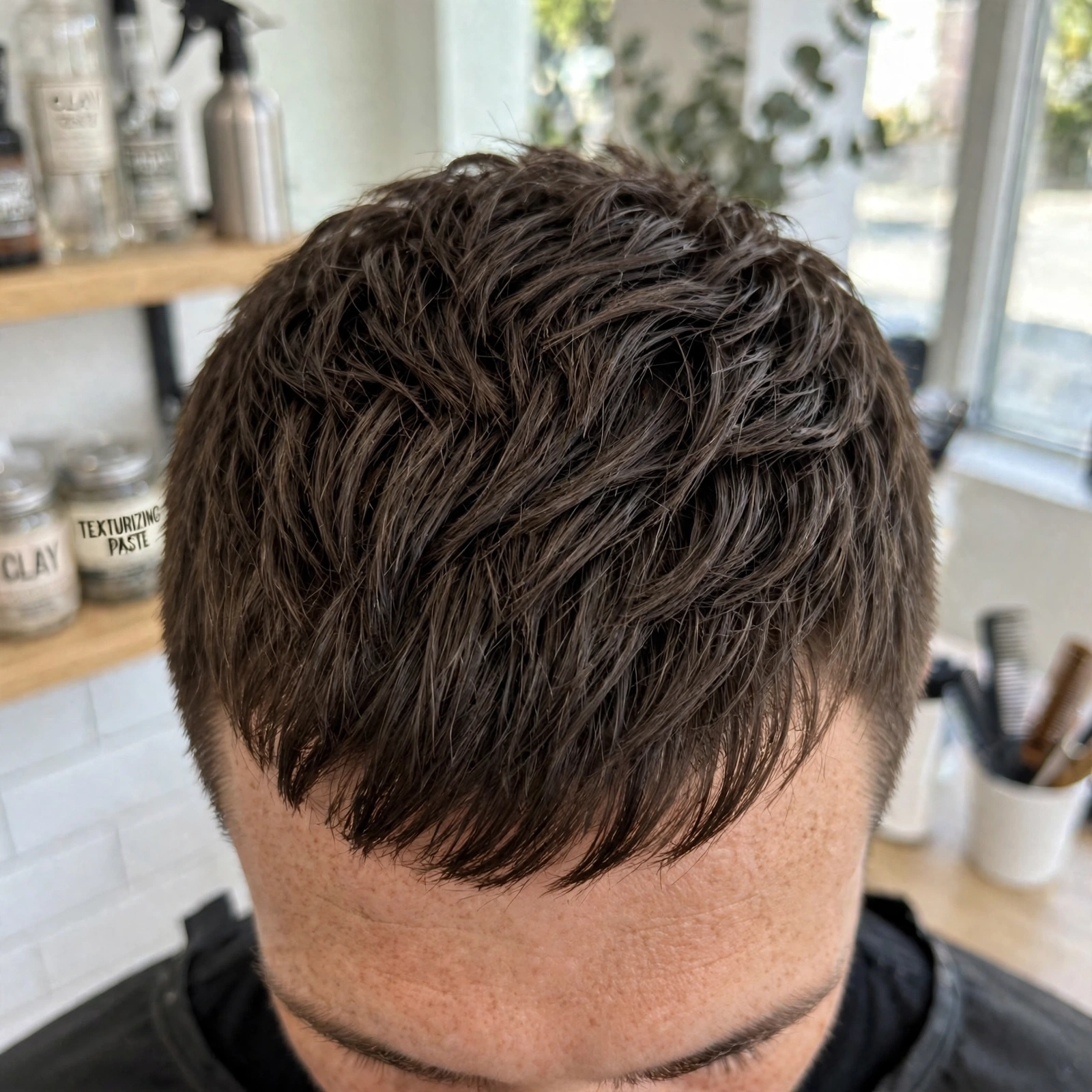 A close-up top view of a man with a French crop and textured crown layers, in a bright barbershop, daylight, showing the forward texture, clean bright style.