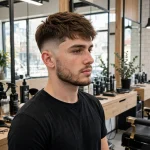 A young adult man with a mid fade and layered cropped crown, standing in a bright modern barbershop, front three-quarter view, natural daylight, clean bright style, sharp focus on the fade blend.