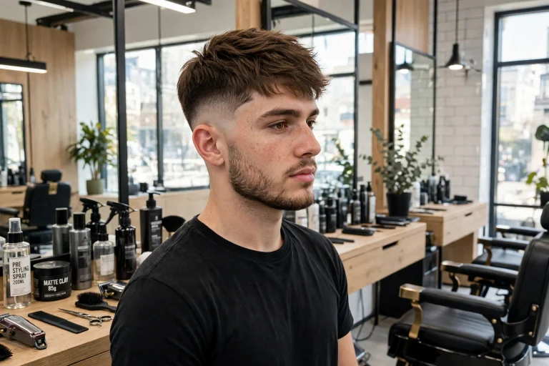 A young adult man with a mid fade and layered cropped crown, standing in a bright modern barbershop, front three-quarter view, natural daylight, clean bright style, sharp focus on the fade blend.