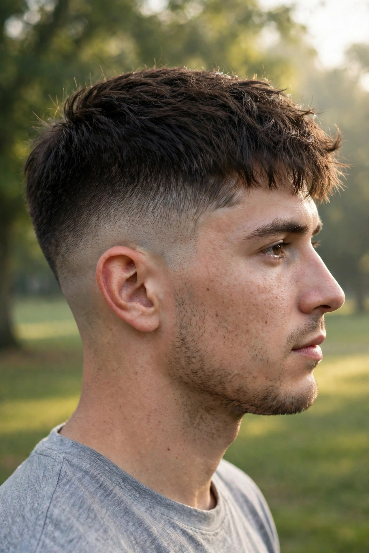 A man with a mid fade and forward choppy fringe, photographed outdoors in soft morning light, side profile showing the halfway fade line above the ear, clean bright style.