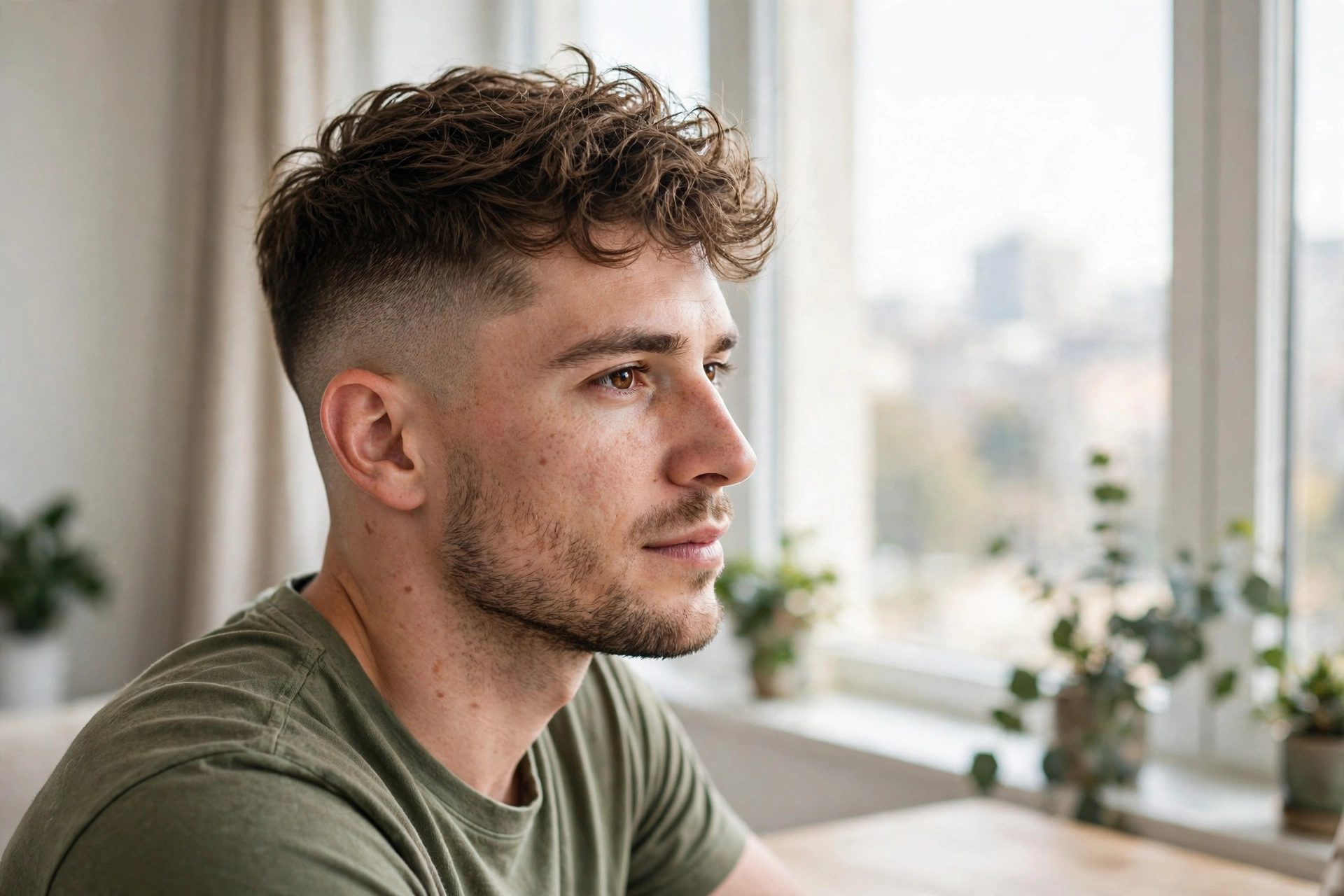 A man with a mid fade and tousled wavy crown, sitting indoors by a bright window, three-quarter view, soft natural light, clean bright style.