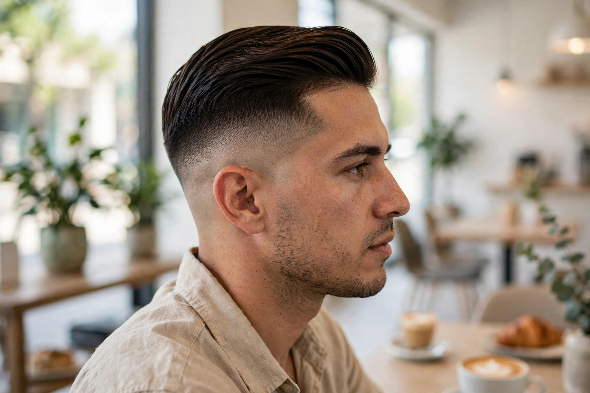 A man with a mid fade and sleek side sweep, wearing a casual shirt in a bright cafe, side view showing the swept top and faded sides, clean bright style.