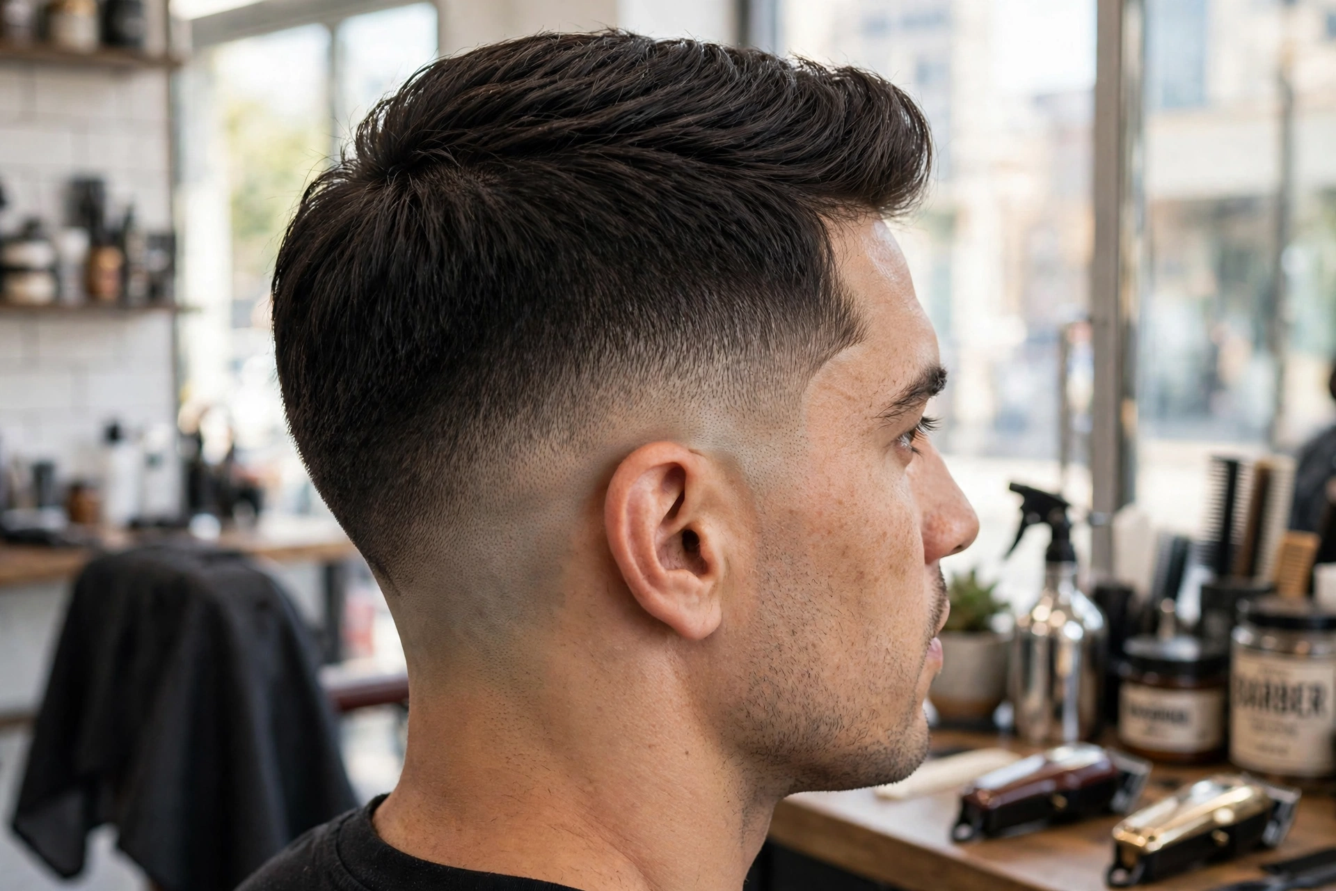 Close-up back and side view of a man with a mid fade and clean nape finish, in a bright barbershop, daylight, showing the smooth blend at the back, clean bright style.
