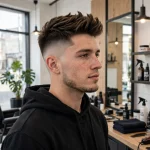 A young adult man with a high fade and sculpted layered crown, standing in a bright modern barbershop, front three-quarter view, natural daylight, clean bright style, sharp focus on the high contrast.