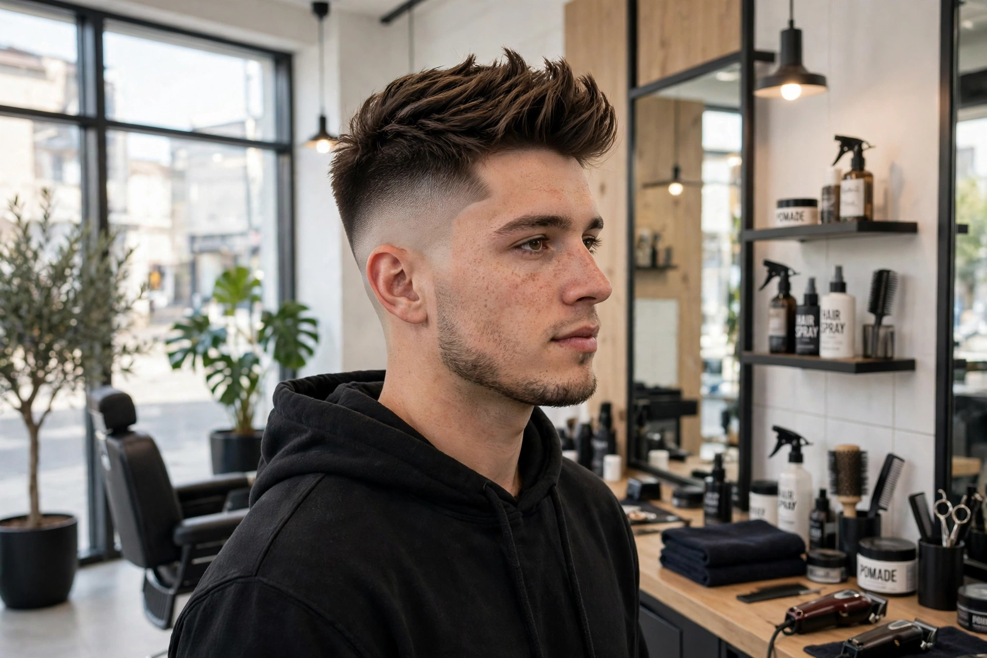 A young adult man with a high fade and sculpted layered crown, standing in a bright modern barbershop, front three-quarter view, natural daylight, clean bright style, sharp focus on the high contrast.