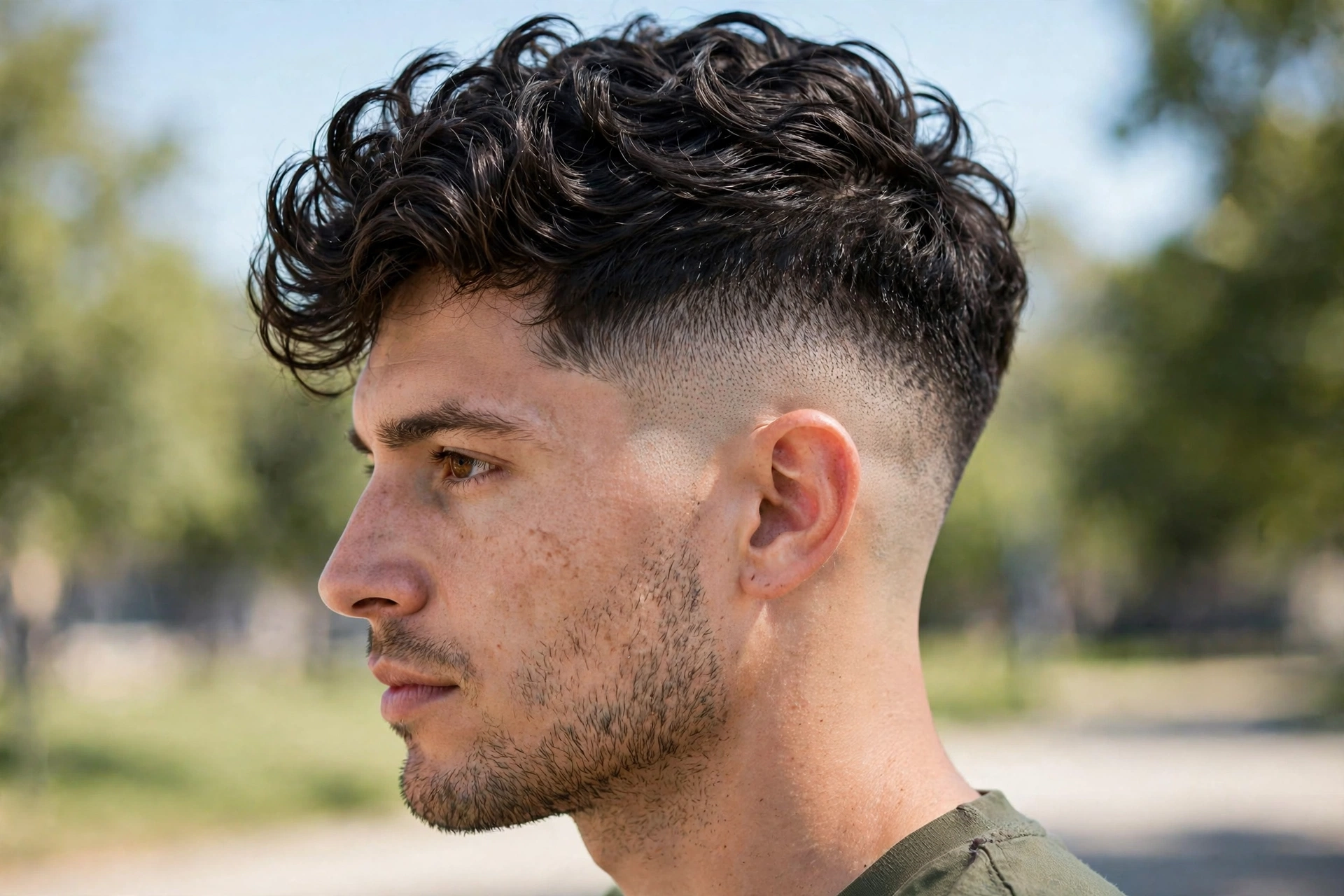 A man with a high fade and voluminous wavy top, photographed outdoors in bright daylight, side view showing the high fade line, clean bright style.