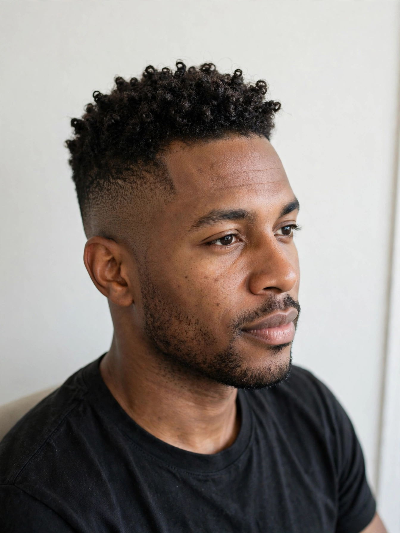 A man with a high fade and tight coil crown, sitting indoors against a plain light wall, three-quarter view, bright even lighting, clean bright style.