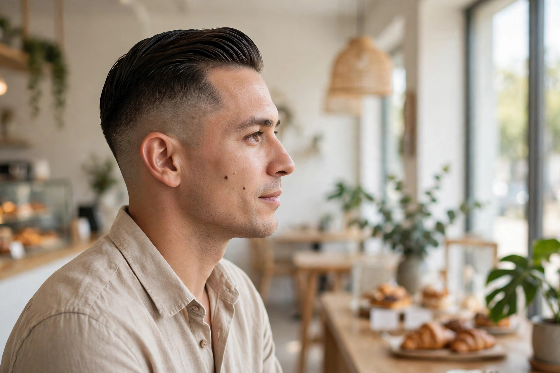 A man with a high fade and slicked side finish, wearing a smart casual shirt in a bright cafe, side view, soft natural light, clean bright style.