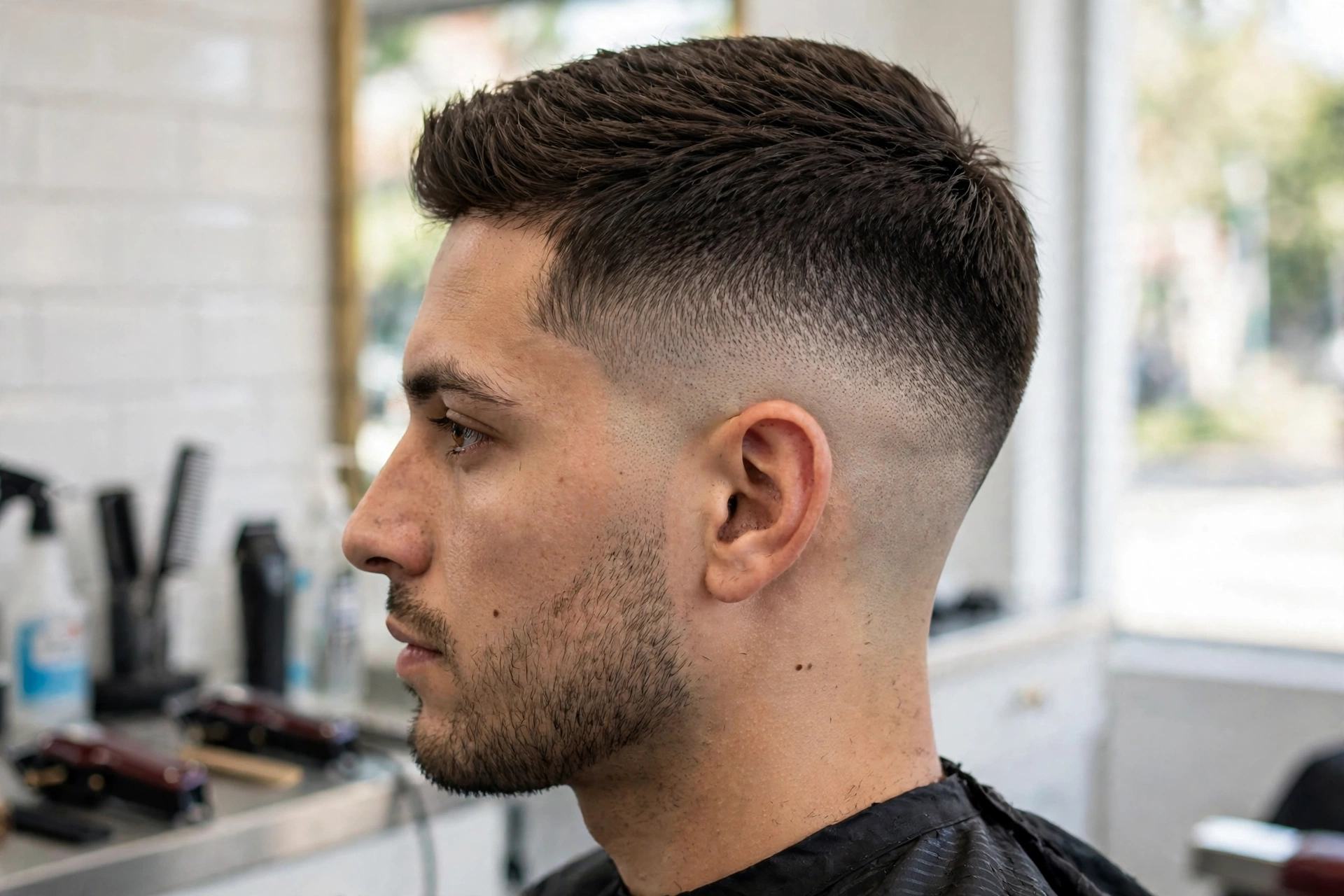 Close-up side view of a man with a high fade and crisp nape outline, in a bright barbershop, daylight, showing the sharp blend, clean bright style.