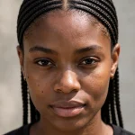 A woman with sleek straight-back cornrows and a polished centre part, photographed from the front in bright, natural daylight against a soft neutral background, wearing a simple black top, with the clean partings and smooth braided texture clearly in focus.