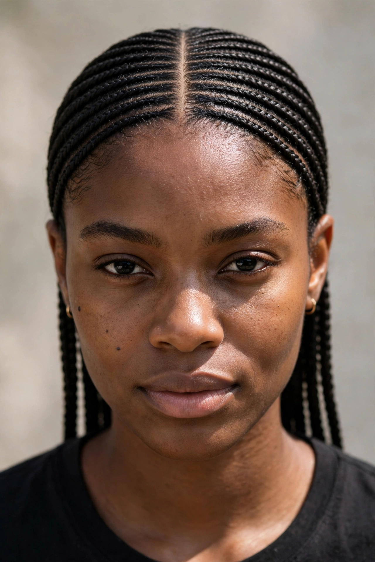 A woman with sleek straight-back cornrows and a polished centre part, photographed from the front in bright, natural daylight against a soft neutral background, wearing a simple black top, with the clean partings and smooth braided texture clearly in focus.