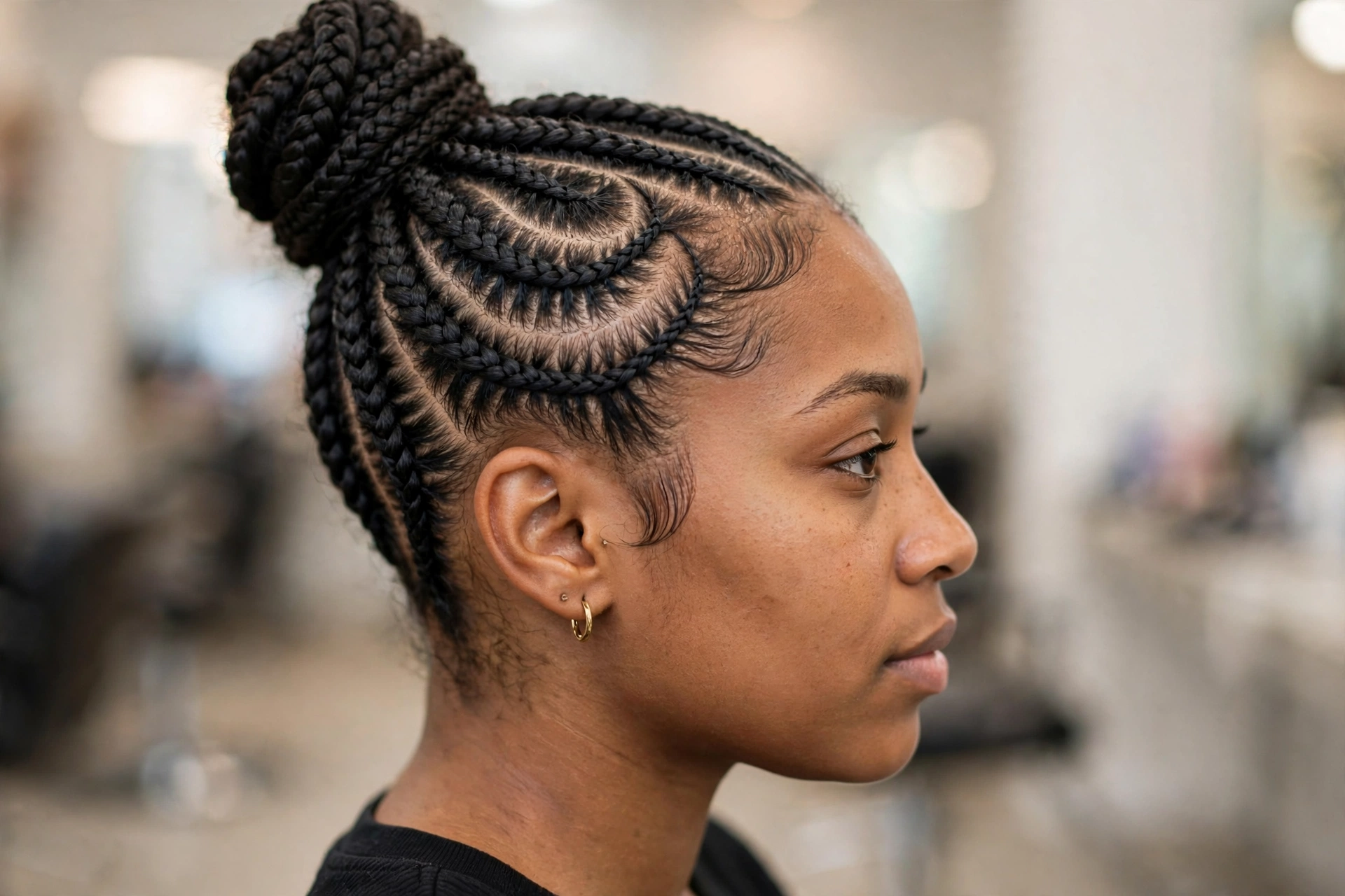 Close-up side view of a woman with cornrows gathered into a high bun, showing the neat curved partings along the scalp, in soft salon lighting with a blurred light background.
