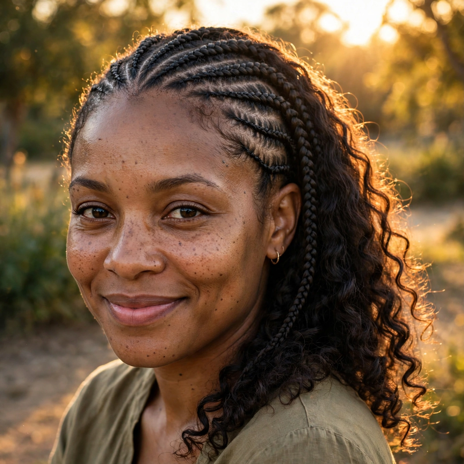 A woman with side-swept cornrows ending in loose curls, smiling gently outdoors in golden afternoon light, shown from the shoulders up with the braids and curls clearly visible.