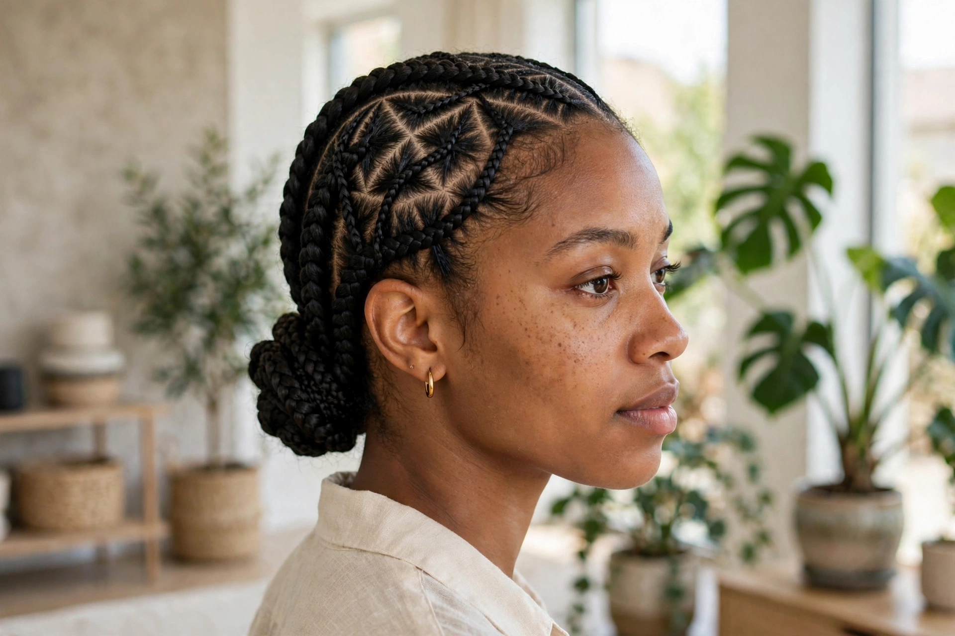 A woman with patterned cornrows styled into a low chignon, photographed in a bright modern room with plants in the background, from a three-quarter angle showing the detailed braid pattern.