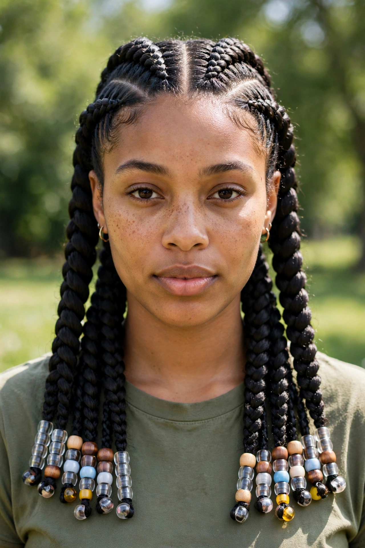 A woman with jumbo cornrows and beaded ends, photographed outdoors on a clear day with soft greenery blurred behind her, shown from the front with the bold braid size and beads in focus.
