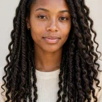 A woman with long, soft passion twists falling over her shoulders, photographed from the front in bright daylight against a light neutral background, wearing a cream top, with the wavy, flowing twist texture clearly in focus.