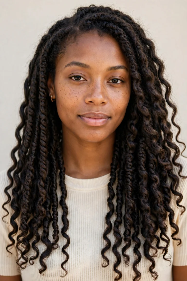 A woman with long, soft passion twists falling over her shoulders, photographed from the front in bright daylight against a light neutral background, wearing a cream top, with the wavy, flowing twist texture clearly in focus.