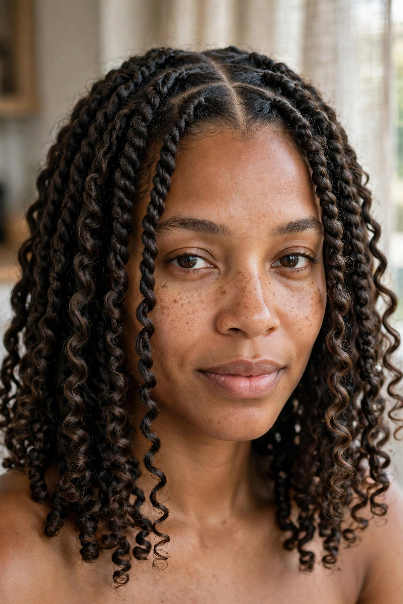 Close-up of a woman with shoulder-length passion twists and a centre part, in soft indoor daylight, showing the springy wave pattern and neat partings.